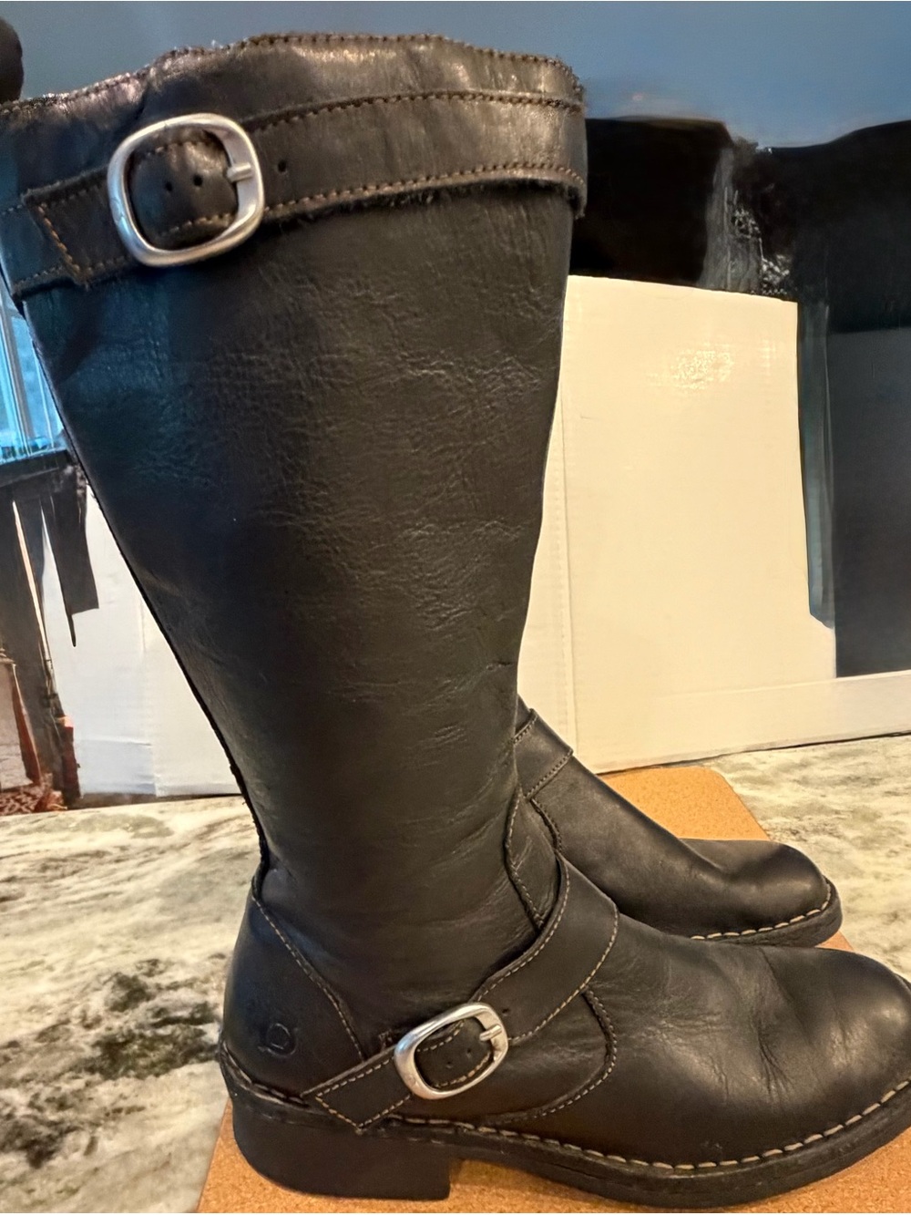Born Leather tall  Black Boots with Buckle